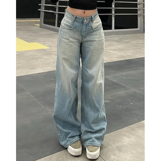 Pantalones vaqueros Vintage de cintura alta para mujer, Jeans antiguos de imitación lavados azules, Pantalones rectos holgados Y2K Harajuku, pantalones casuales de pierna ancha, nueva moda
