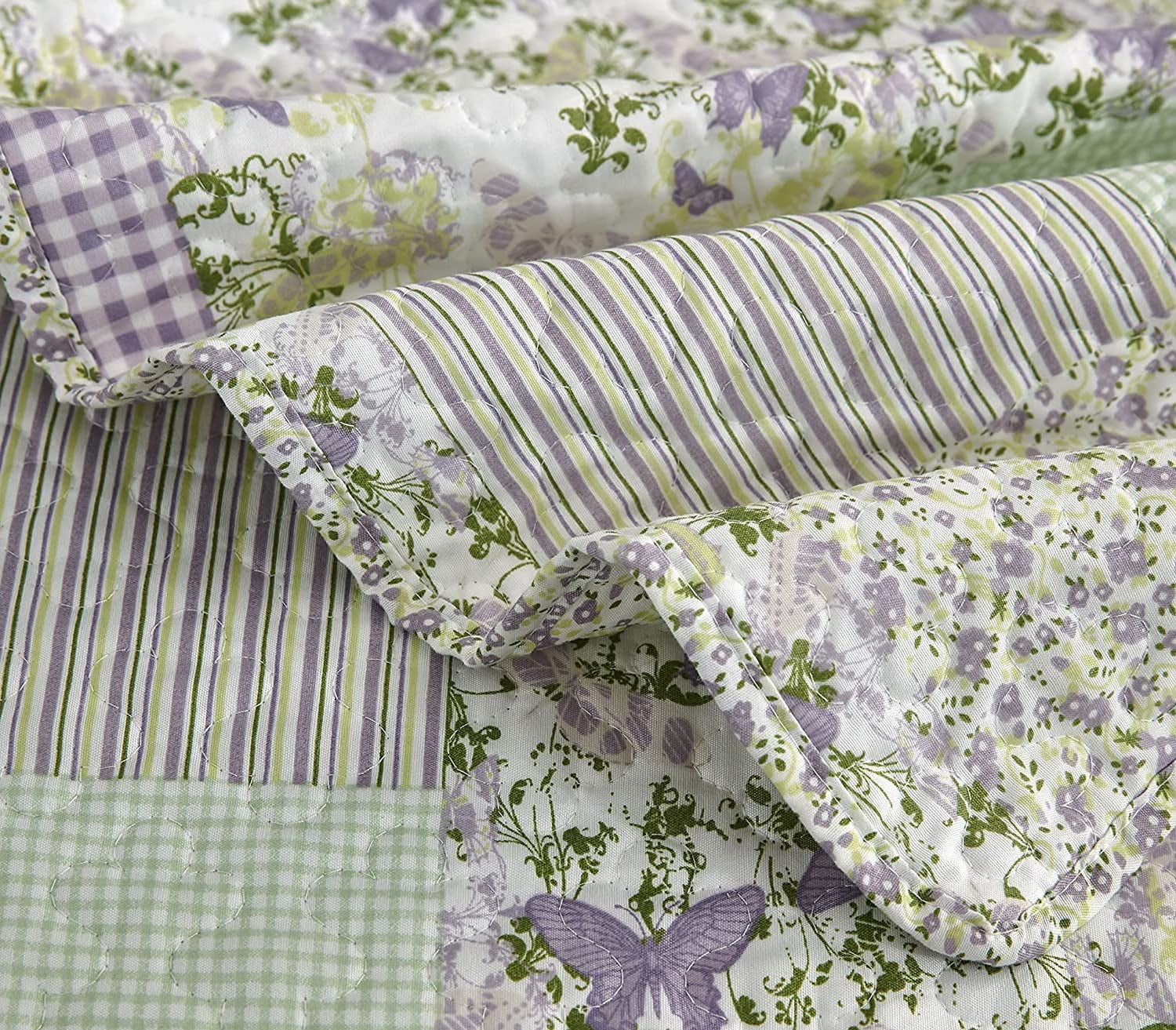 Chezmoi Collection Daisy 3-Piece Printed Patchwork Quilt Set, Purple Butterfly Botanical Candy Stripe Checkered Coverlet, Pre-Washed Microfiber Lightweight Reversible Bedspread, Oversized King Size