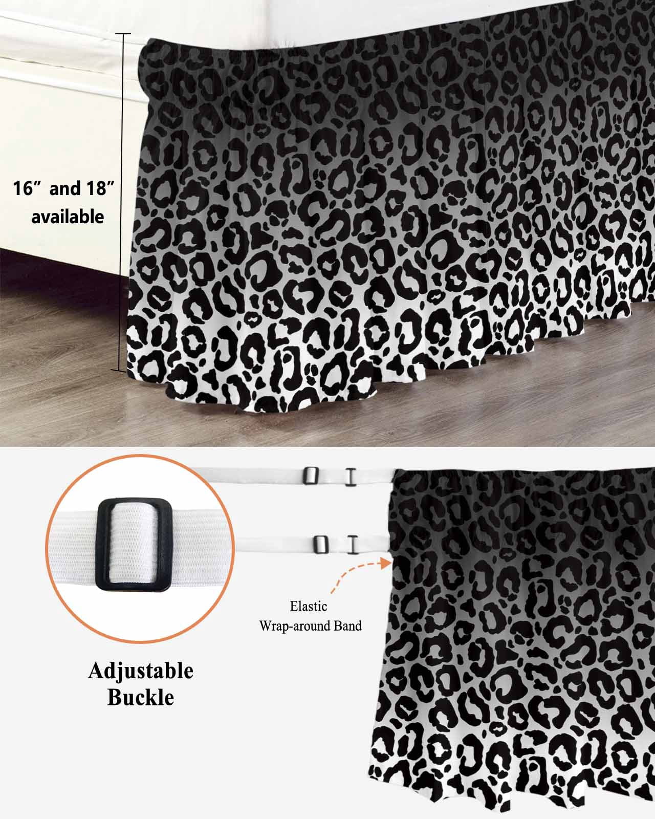 Ombre Leopard Bed Skirt King Size 16" Drop Print Black White Gradient Ruffled Wrap Around Bed Skirts Adjustable Elastic Bedskirt Dust Ruffle for King Size Bed