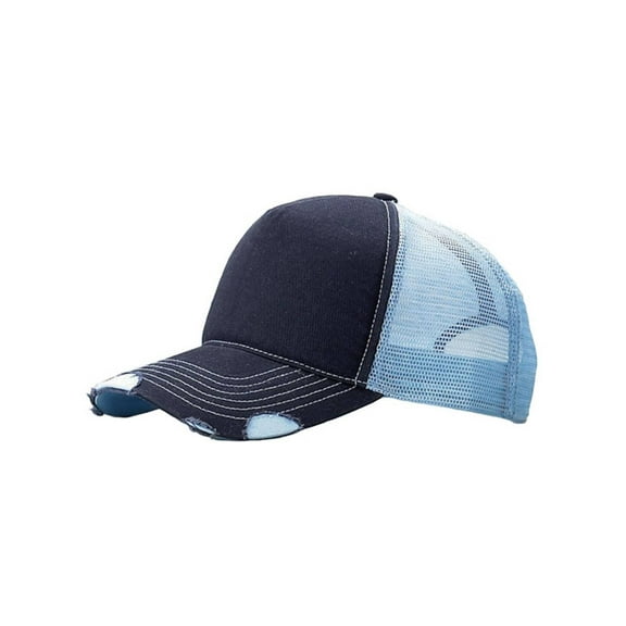 Cotton Twill Distressed Mesh Trucker Hat, Navy/Blue