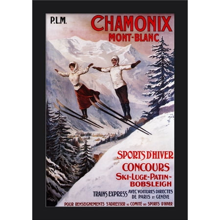 Giclee Print Wood Print - Chamonix Mont-Blanc, France - Couple Skiing - Vintage Travel Poster (12x18 Giclee Art Print, Gallery Framed, Black Wood)
