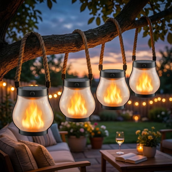 Solar Lanterns Outdoor Waterproof, Outdoor Solar Lanterns with Flickering Flame Effect, USB&Solar Charging,Hanging Light for Garden Patio, 4 Pack