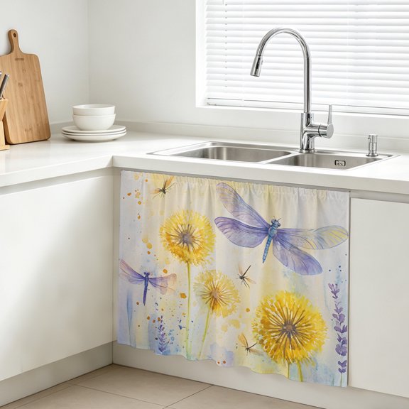 Spring Dragonfly Cabinet Curtain, Yellow Pastoral Flower Sink Skirt for Bathroom, Under Sink shelf Curtain Privacy Drape for Kitchen Laundry Room 11x13in