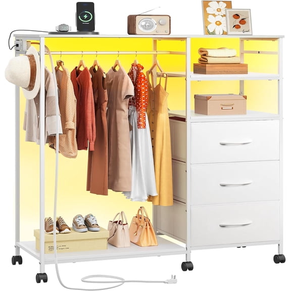KWUXIN White Dresser with Hanging Rack for Bedroom, 3 Drawer Dresser with LED Lights & Charging Station, Fabric Dressers & Chest of Drawers, Storage Organizer with Open Shelves for Living Room