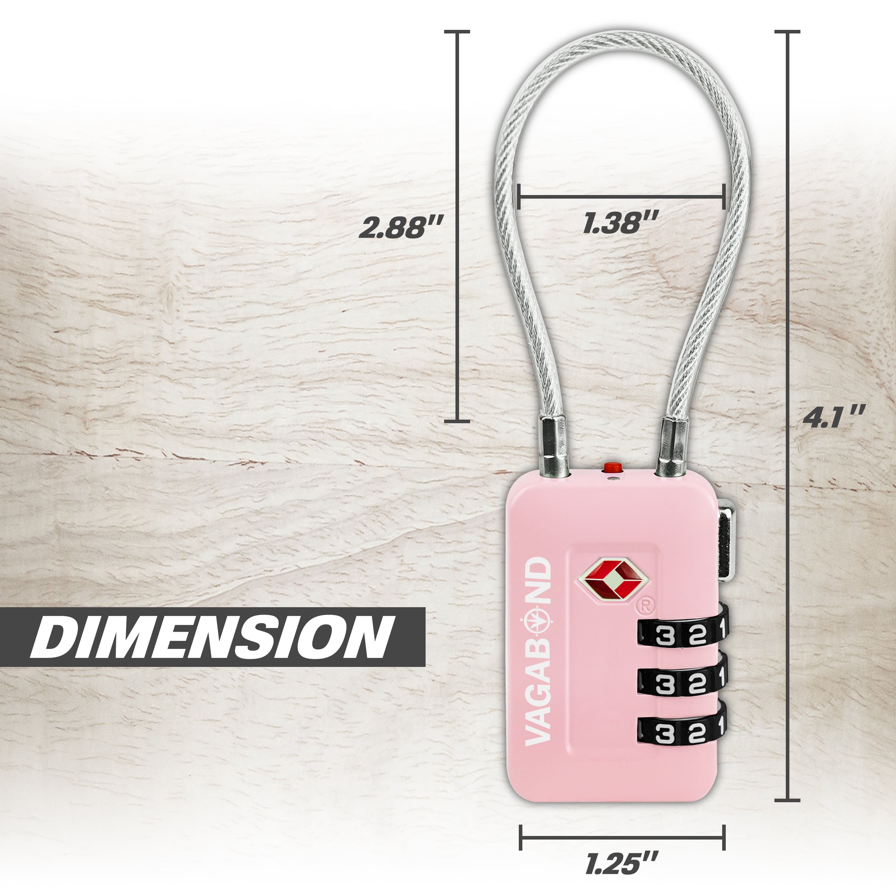 VAGABOND TSA Accepted Luggage Travel Lock 3 Digit Combination Keyless Resettable Suitcase Steel Cable Lock with Zinc Alloy Body Pink 2 Pack