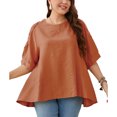 thumbnail image 1 of Camisa de manga corta de encaje de verano para mujer, camiseta holgada con dobladillo Irregular, Top informal con cuello redondo, rojo pardusco XXXL, 1 of 5