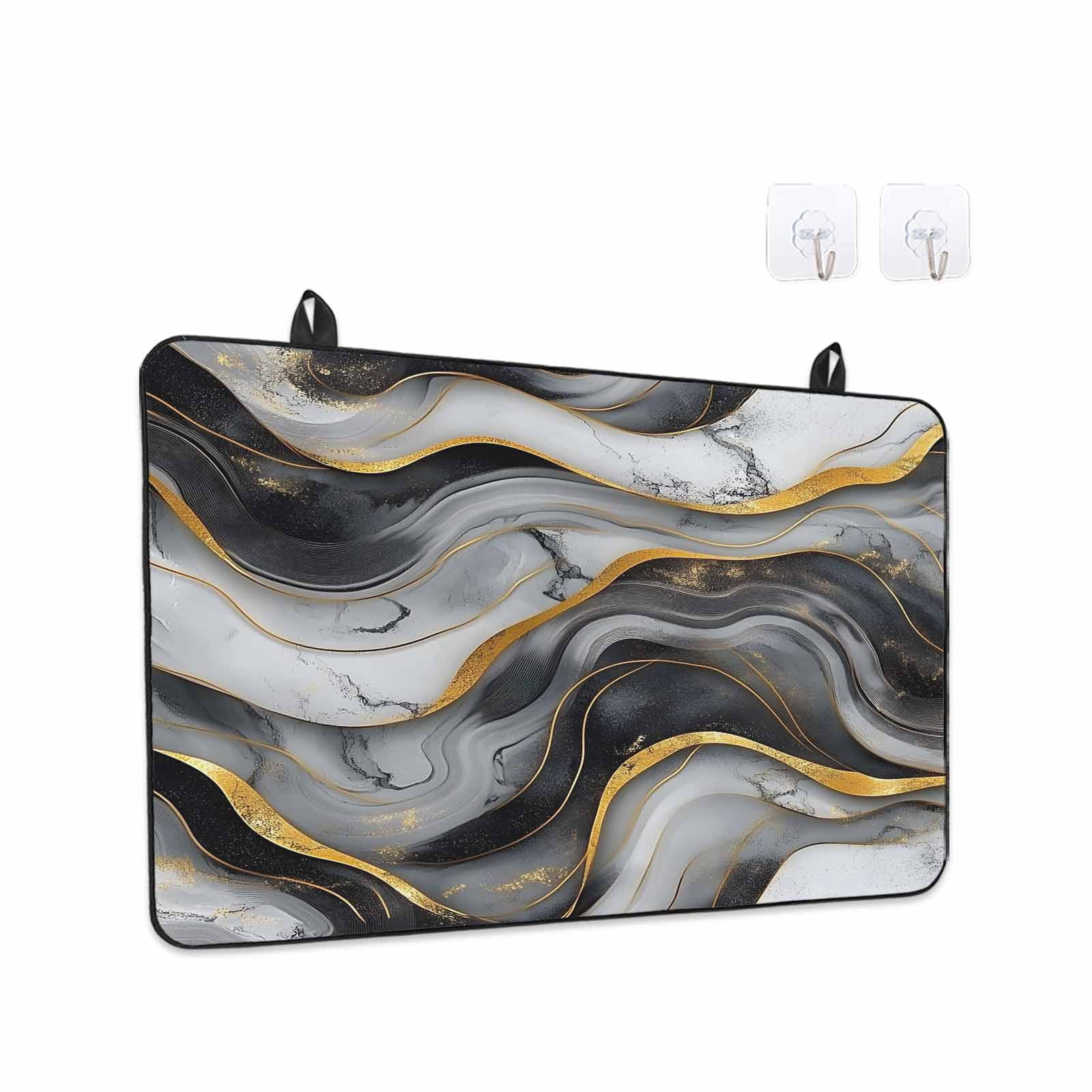 Marble Black Grey Stove Top Cover for Electric Stove, Heat-proof & Non Slip Glass Top Stove Cover Protector, Modern Fake Stone Gold Foil Wavy Kitchen Flat Cooktop Rubber Mat 24x21 Inches