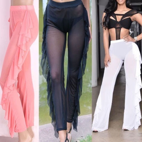 Stylish Women Sheer Pants Leg Semi See through Long Leggings Soft Mesh Wide Leg