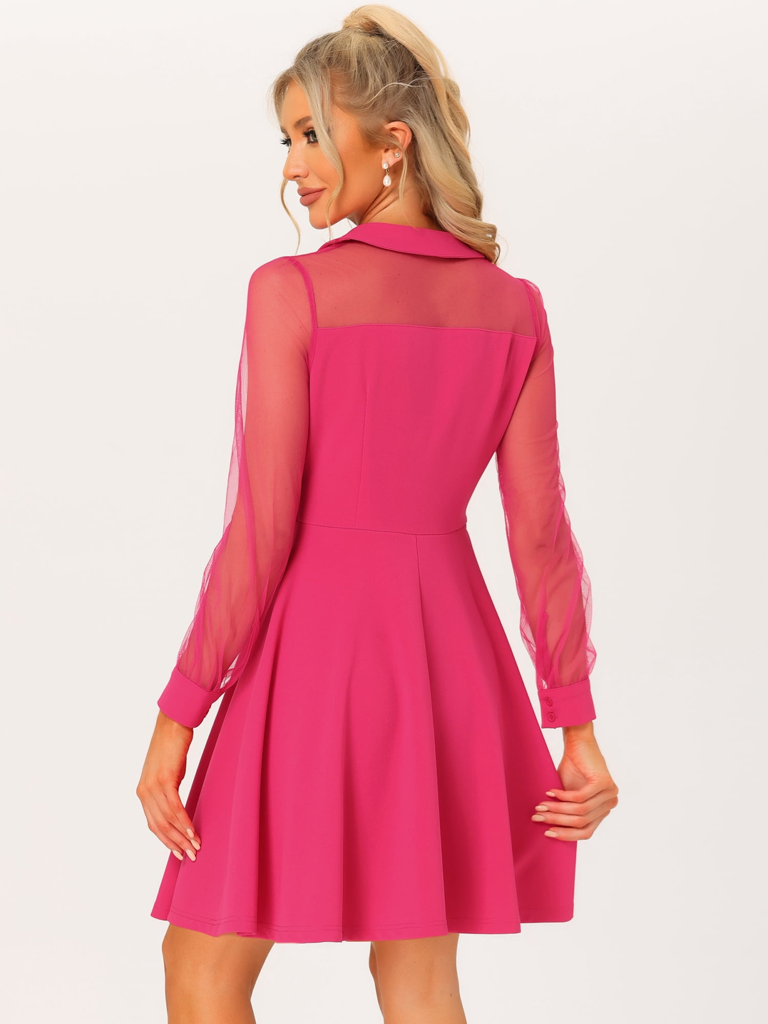 Unique Bargains Women's Retro Flat Collar Mesh Sheer Sleeve Flared Party Dress L Hot Pink