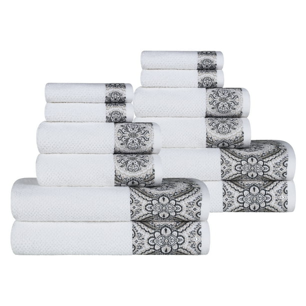 Superior Medallion Turkish Cotton 12Piece Bathroom Towel Set, White