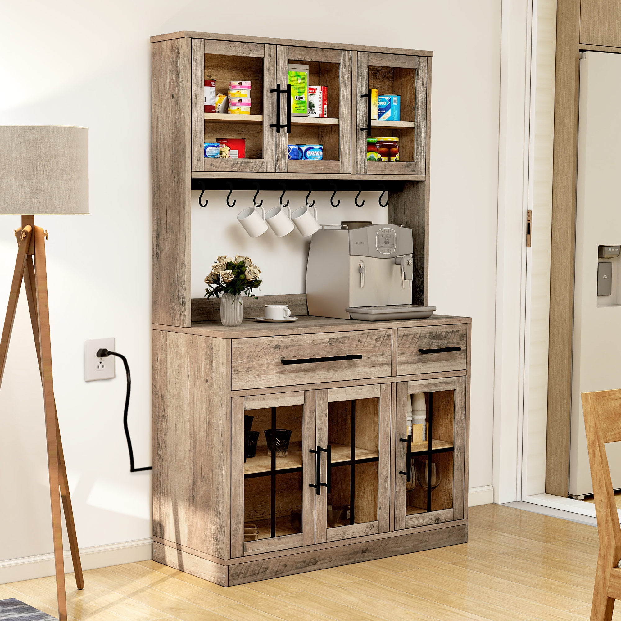 DEXTRUS 71-Inch Tall Kitchen Pantry Cabinet with Power Outlet, Freestanding Hutch with Microwave Stand and Drawers, Brown