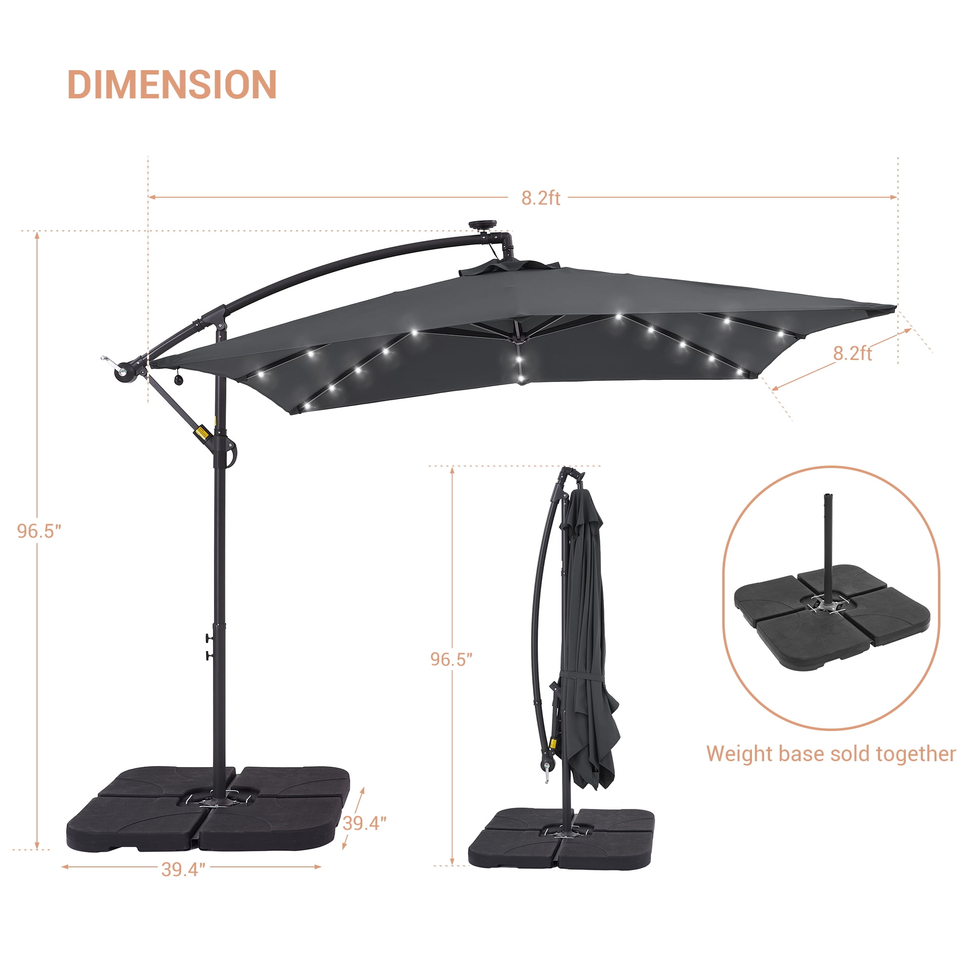 ACEGOSES 8.2x8.2ft LED Square Outdoor Patio Canopy Offset Umbrellas for Villa Gardens, Lawns and Yard,Anthracite