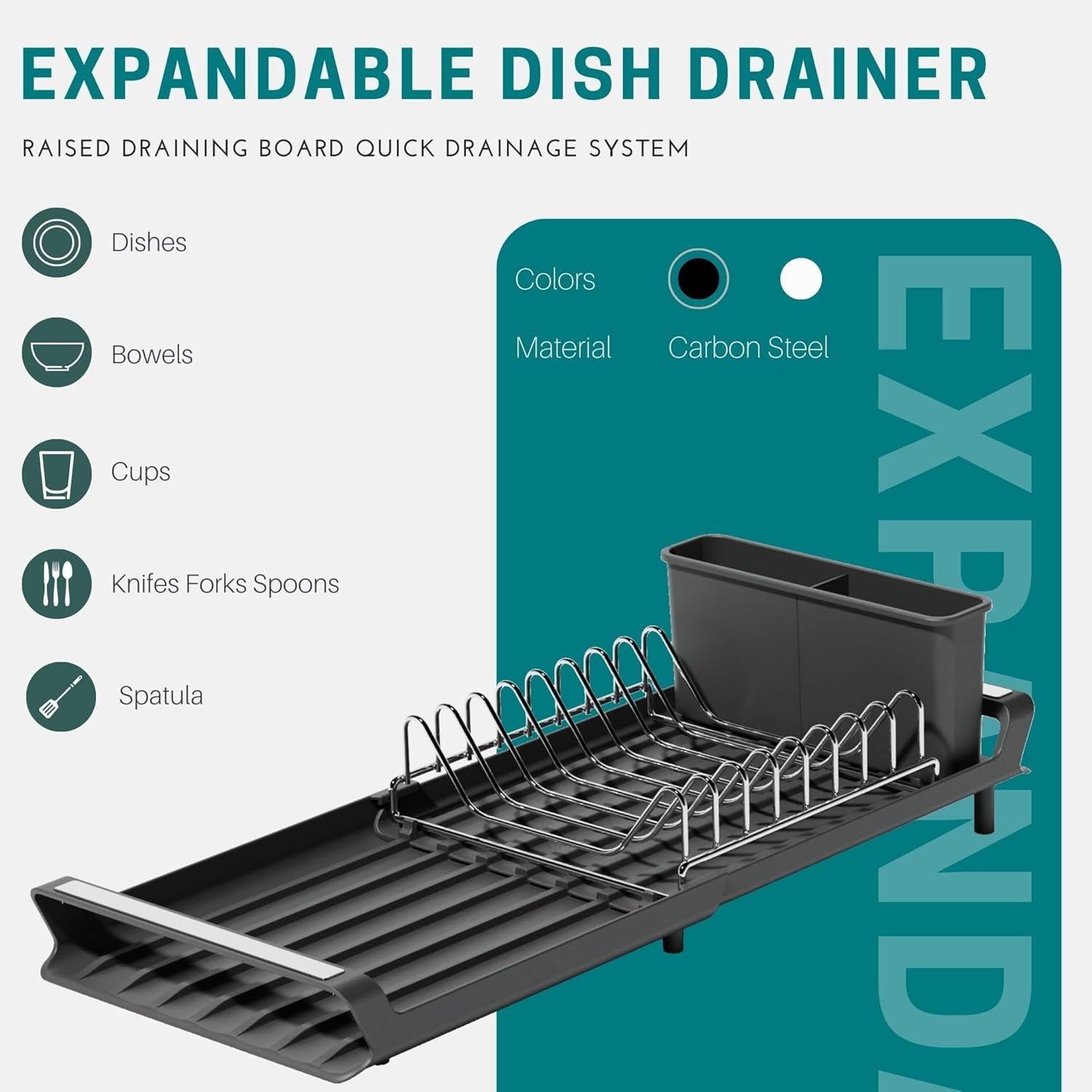 Extendable Dish Drying Rack, Small Dish Rack, Compact Dish Drainer, Dish Racks for Kitchen Counter, Stainless Steel Dish Drying Rack with Removable Cutlery Holder, Grey
