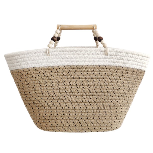 (Paquete Individual) Bolso Mano Portátil Tejido Con Cordón Algodón Bloqueado Color Ins Niche Bolso Paja Hecho A Mano Gran Capacidad