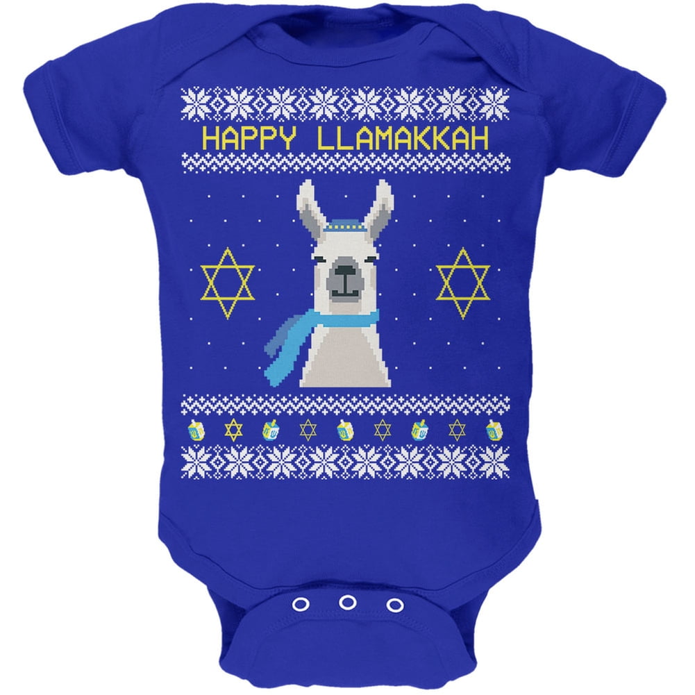 Llama Llamakkah Ugly Hanukkah Sweater Royal Soft Baby One Piece Blue