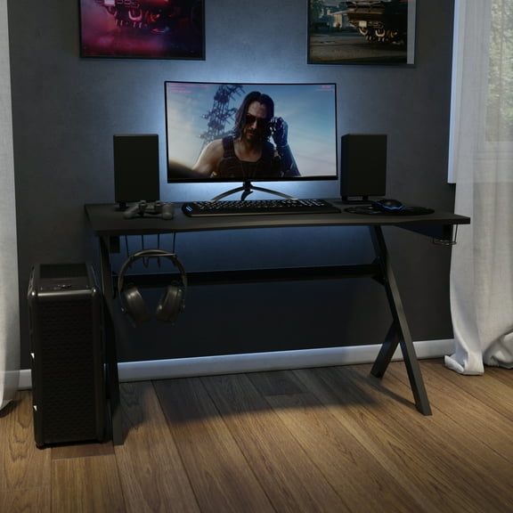BizChair Gaming Desk 45.25" x 29" Computer Table Gamer Workstation with Headphone Holder and 2 Cable Management Holes