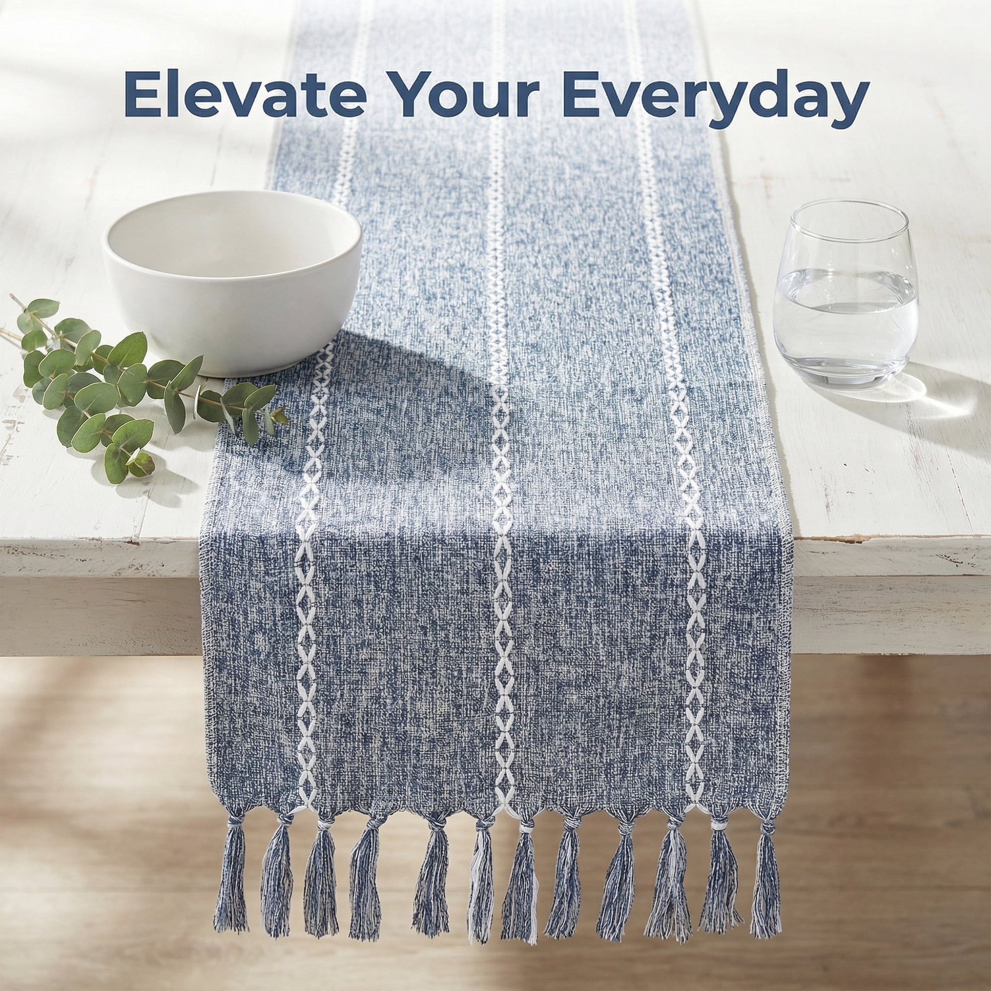 Unique Bargains Washable Polyester Kitchen Runner with Tassel for Dining Blue 13"x89.8"