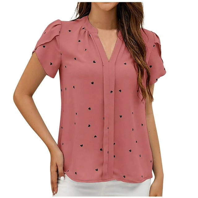 Timegard Hauts d'Été pour Femmes Pétale Manches Courtes Col en V Froncé Fluide Tenue de Plage Décontractée Chemises Amples Hauts