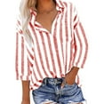 thumbnail image 2 of Red Shirts for Women Cotton Linen Stripe Shirts For Women 3/4 Length Sleeve Tops Lapel Button Down Blouses Loose Casual Work Shirts Womens Tops Blouses Trendy, 2 of 6