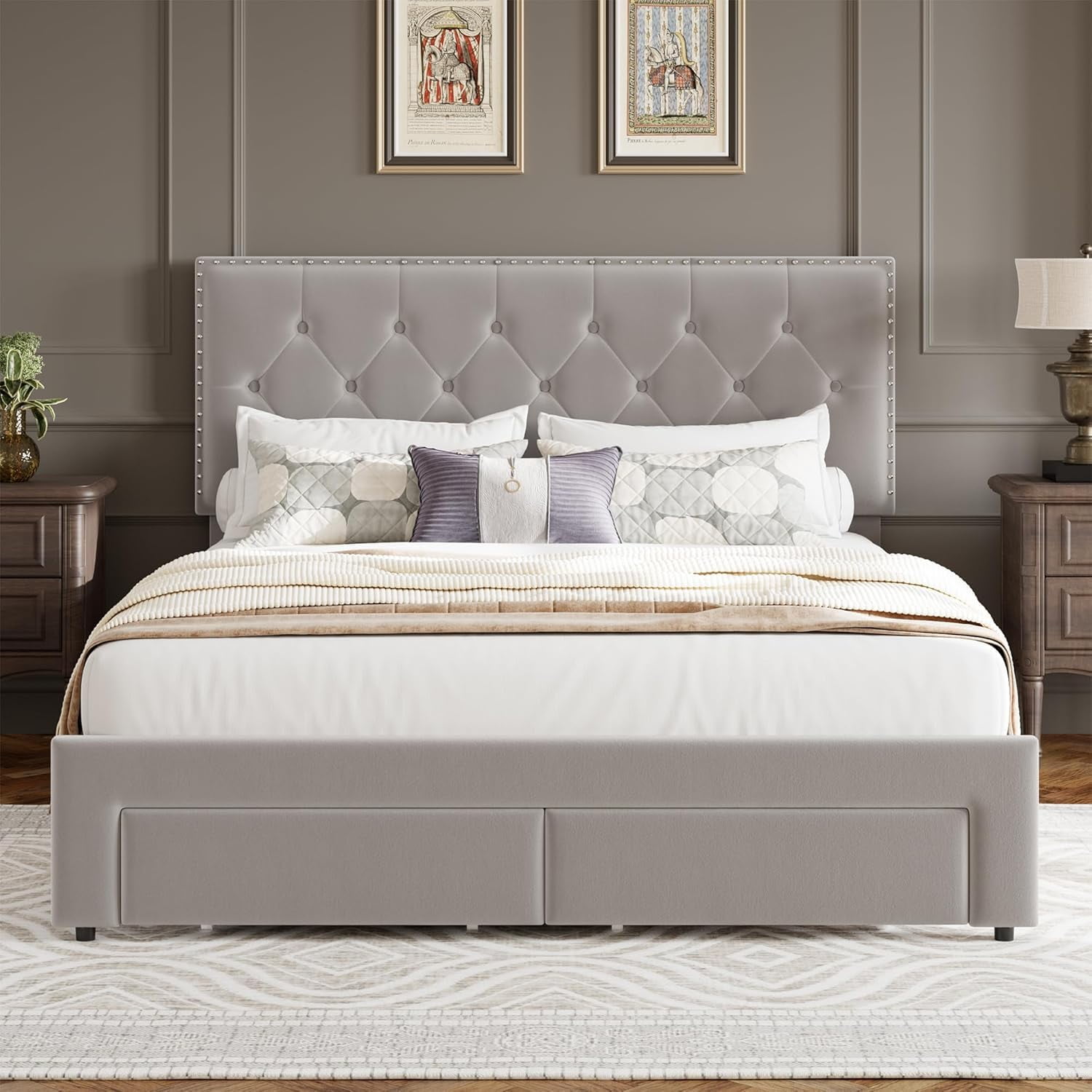 Kicctian Full Bed Frame with 2 Storage Drawers, Vintage Velvet Upholstered Platform Bed with Headboard,White