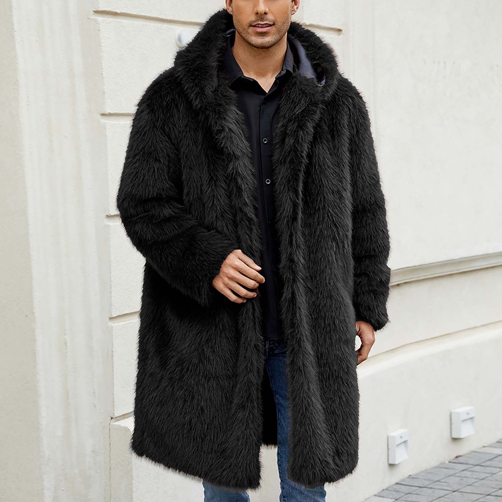 Penkiiy Men's Faux Fur Coat Long Open Front Cardigan Winter Fuzzy