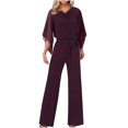 thumbnail image 3 of NSLGXD Dressy Jumpsuits for Women Wedding Guest Evening Party Summer Overalls Chiffon Flare 3/4 Sleeve Jumpsuit Cowl Neck Tie Waist Wide Leg Long Pants Romper, 3 of 6