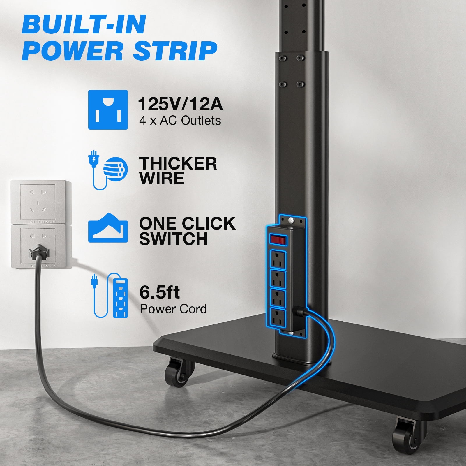 RTVR Universal Rolling TV Cart with Power Outlet for 32-70 Inch TVs, Height Adjustable Black