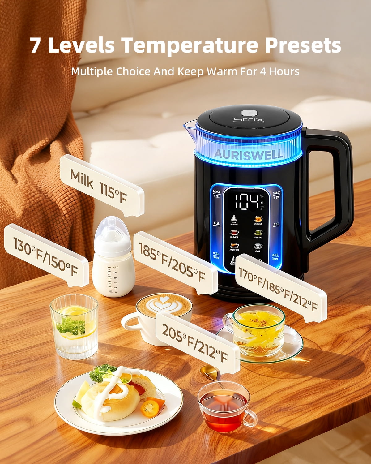 Auriswell Electric Tea Kettle with Temperature Control, 1.5L Glass smart Water Boiler for Tea, Coffee & Boil, Automatic Shut Off, 12h Keep Warm & LED One-Touch 6 Presets
