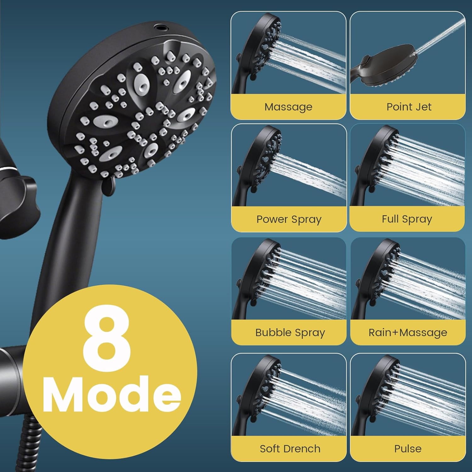 ROSYNEY 12 Inch Rain Shower Head with 8-Setting Handheld Spray Combo,Black Shower heads with Height Adjustable Shower Arm, Slide Bar with Holder, Stainless Steel Hose