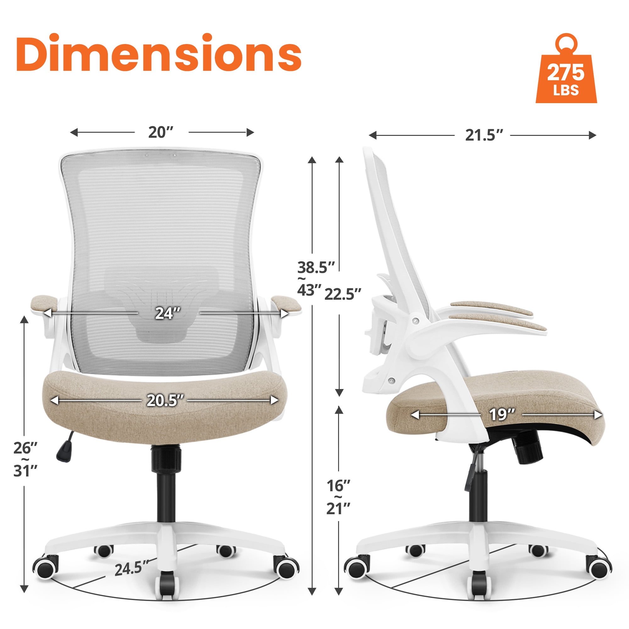 NEO CHAIR Office Desk Gaming Chair Computer High Back Mesh Seat with Rolling Wheels Ergonomic Adjustable Comfy Flip-up Armrests Lumbar Support Height for Home (Beige)