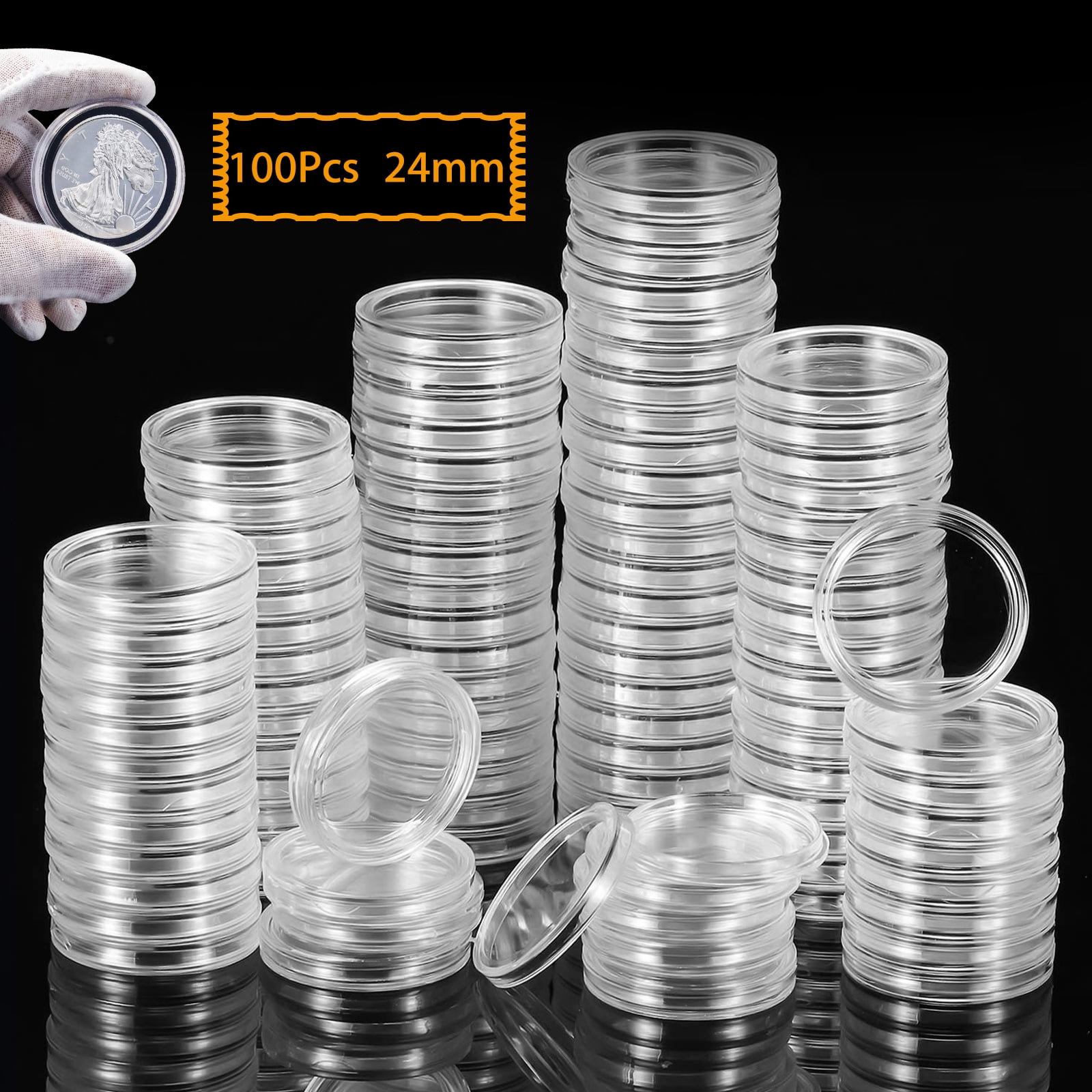 TSV 100 Pieces 24mm Coin Capsules, Clear Plastic Coin Storage Box