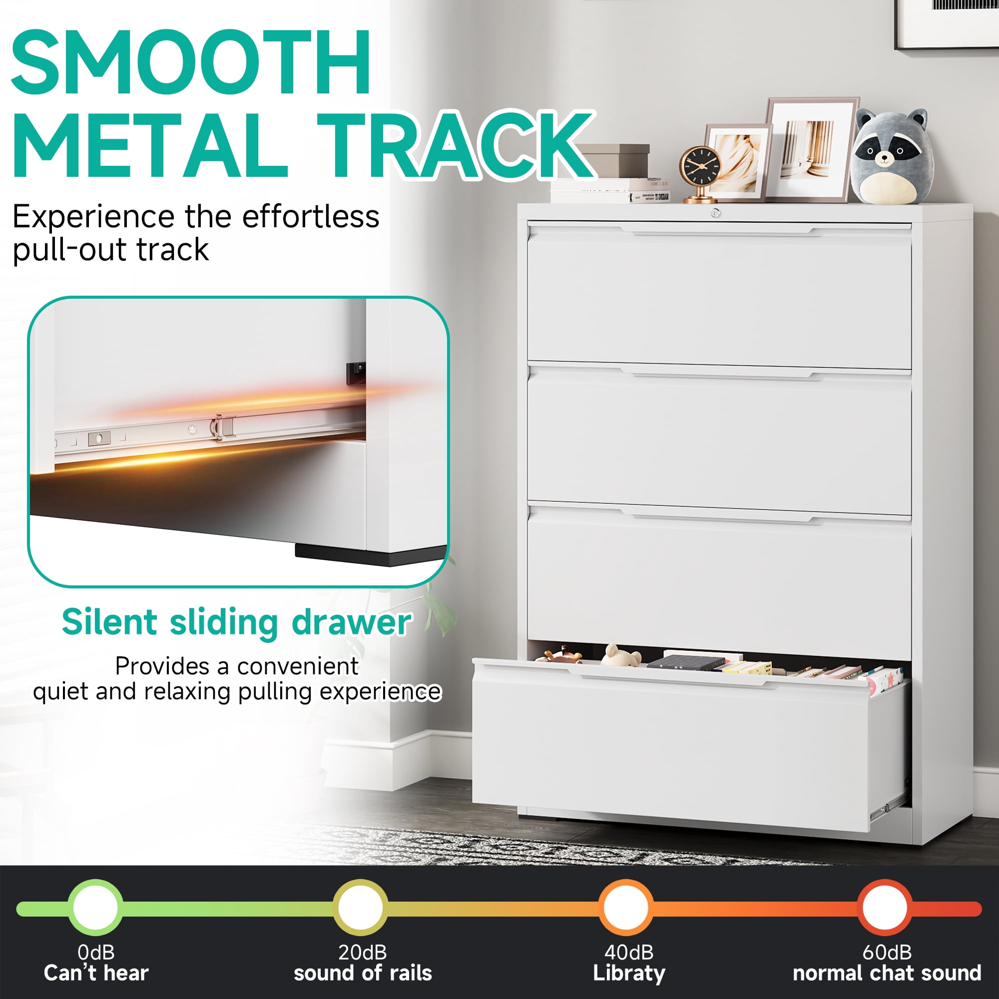 4 Drawer Lateral File Cabinet, Metal Lateral File Cabinet with Lock, Office Lateral Filing Storage Cabinet for Hanging Files Letter/Legal/F4/A4 Size, Easy Assemble White