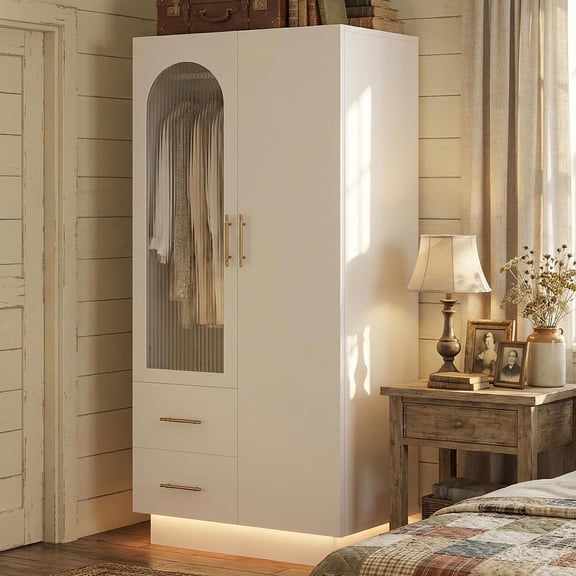 71"Wardrobe Cabinet with Glass Doors,Clothing Storage Cabinets with 2 Drawers, Hanging Rod & Adjustable Shelf,Modern Armoire Wardrobe Closet for Bedroom Cloak Room