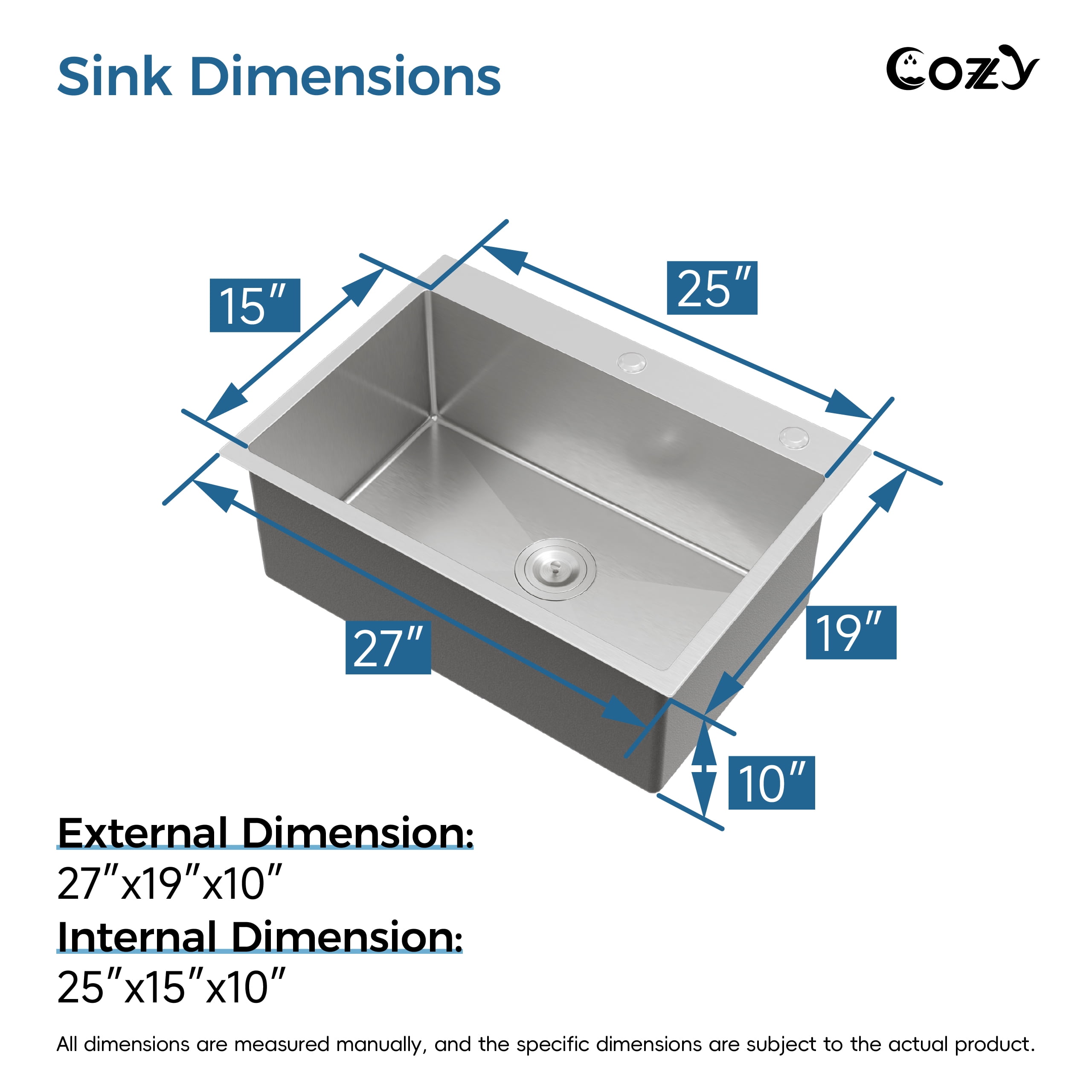 Stainless Steel Single Bowl Kitchen Sink 27x19 inch, 1-Piece Overmount Brushed with US Drain & Hook, SS-BR02D-271908