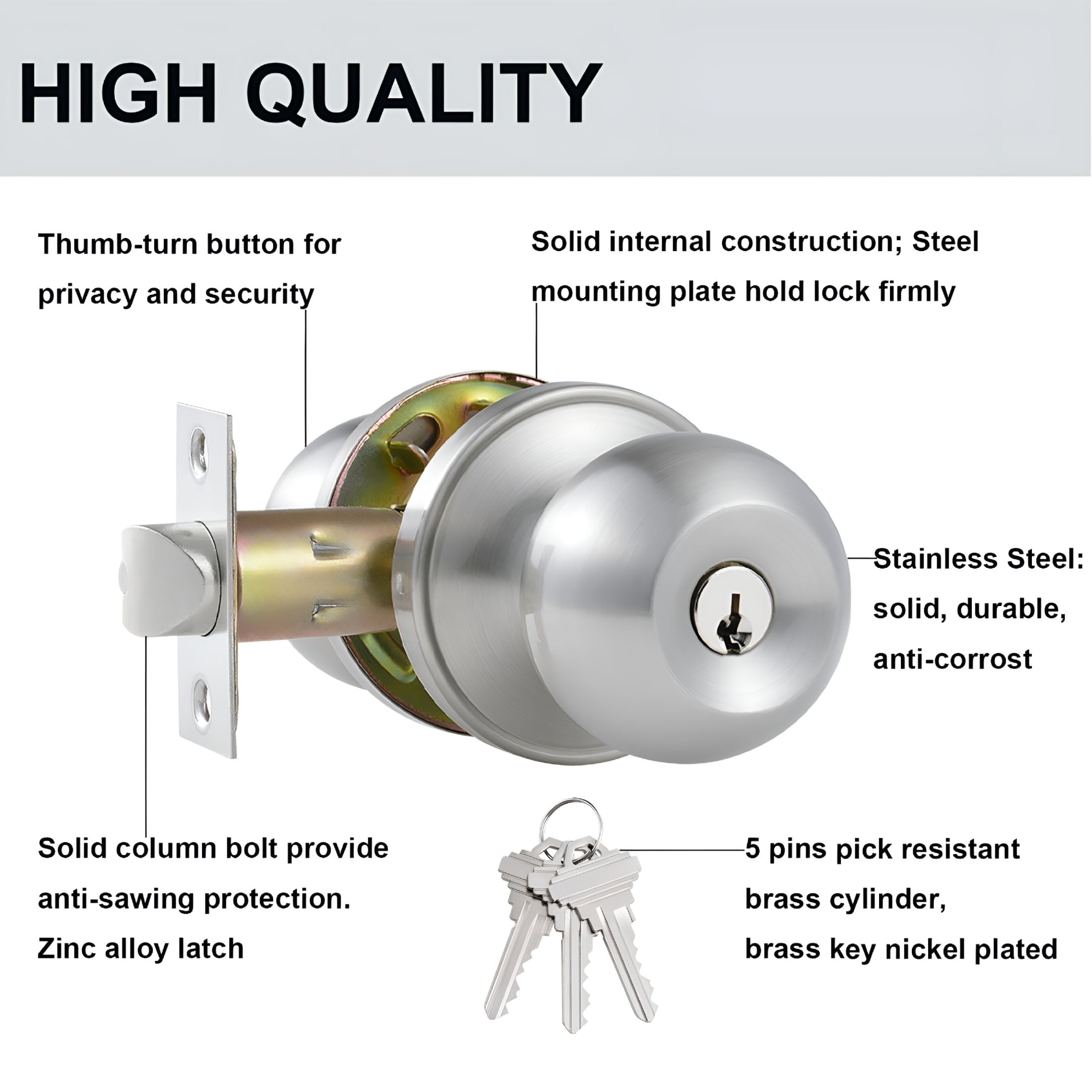 ZHZFKQ 5 Pack Satin Nickel Ball Entry Door Knob,Keyed-Alike for Bedroom Bathroom