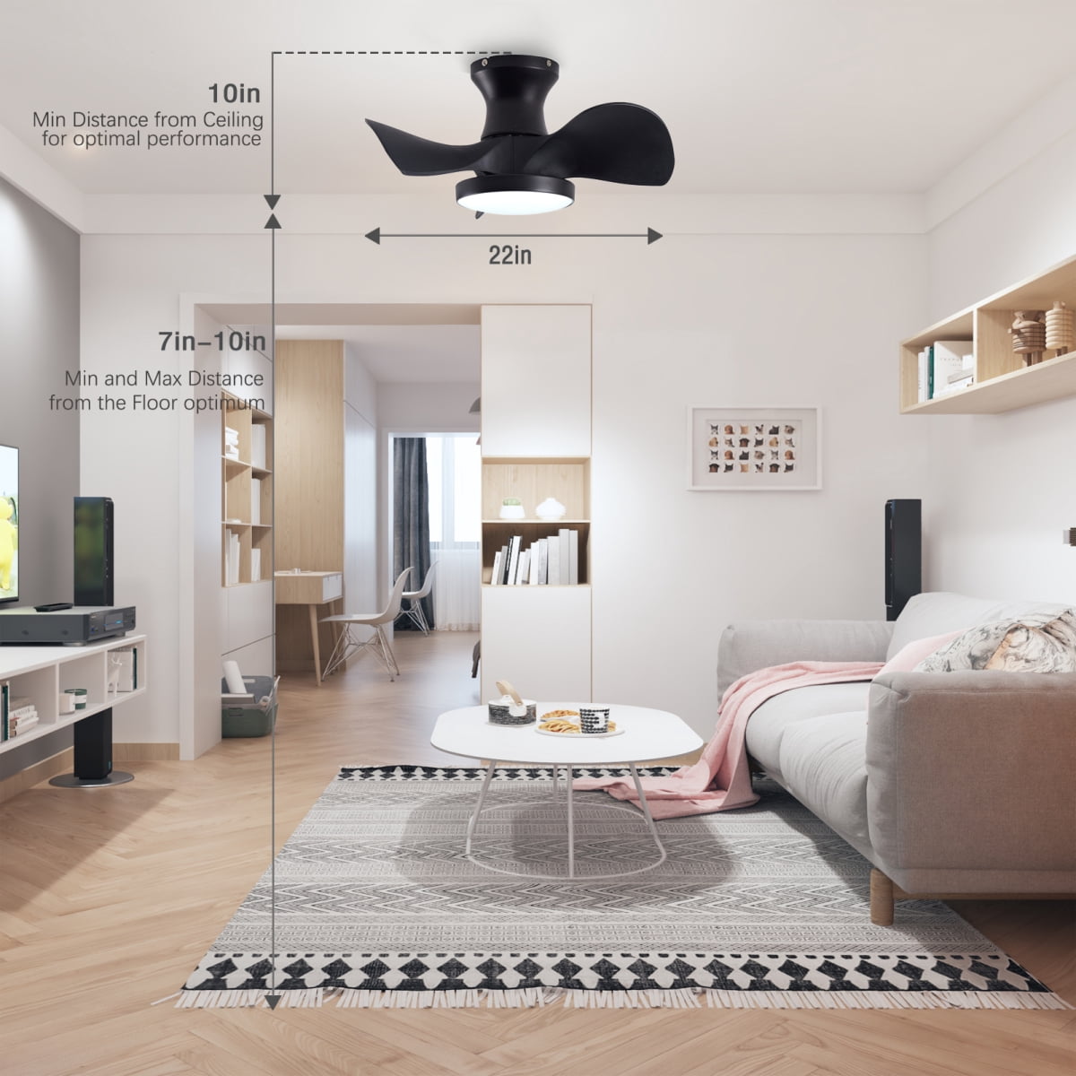 ABS Ceiling Fan with 3 Color Temperatures Light and Remote Control DC Motor Powerful Low Noise Small Space Ceiling Fan for Kitchen Bedroom Dining Room Toilet Patio Matte Black