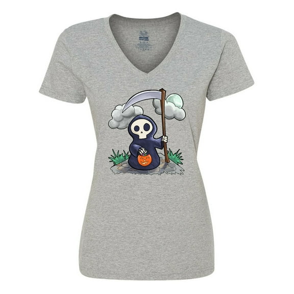 Inktastic Halloween Trick or Treating Cute Grim Reaper Women's V-Neck T-Shirt