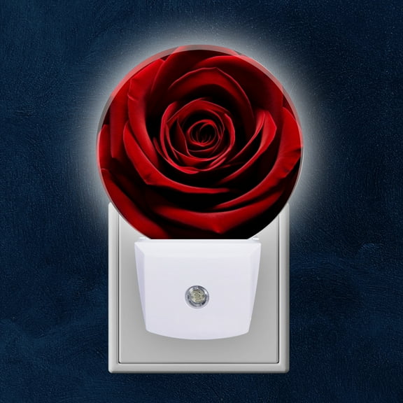 Round LED Night Lights Lamp with Dusk to Dawn Sensor, Red Rose In Full Bloom On Dark Background Night Light Plug Into Wall for Kids Room, Bedroom, Bathroom, Kitchen, Hallway