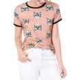 thumbnail image 1 of INSPIRE CHIC Women's Short Sleeve Contrast Cartoon Cats Pet Print Tee Ringer T-Shirt Tops XS Pink, 1 of 6