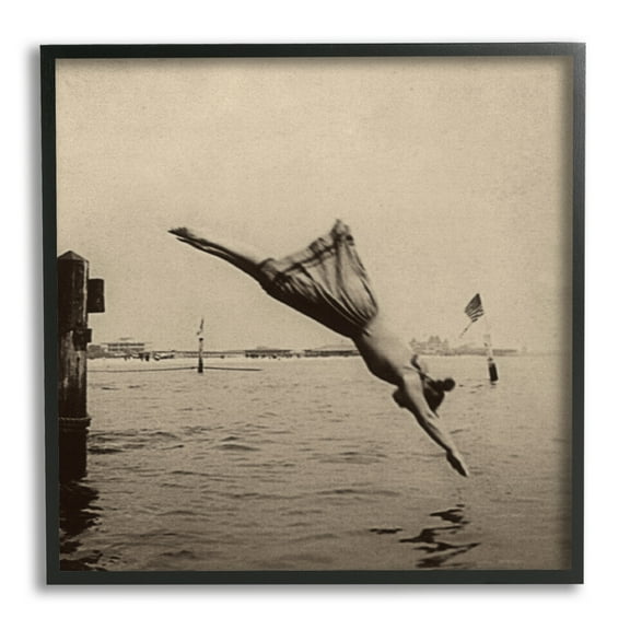 Stupell Industries Vintage Diving Girl Landscape Photography Black Framed Art Print Wall Art, 12 x 12