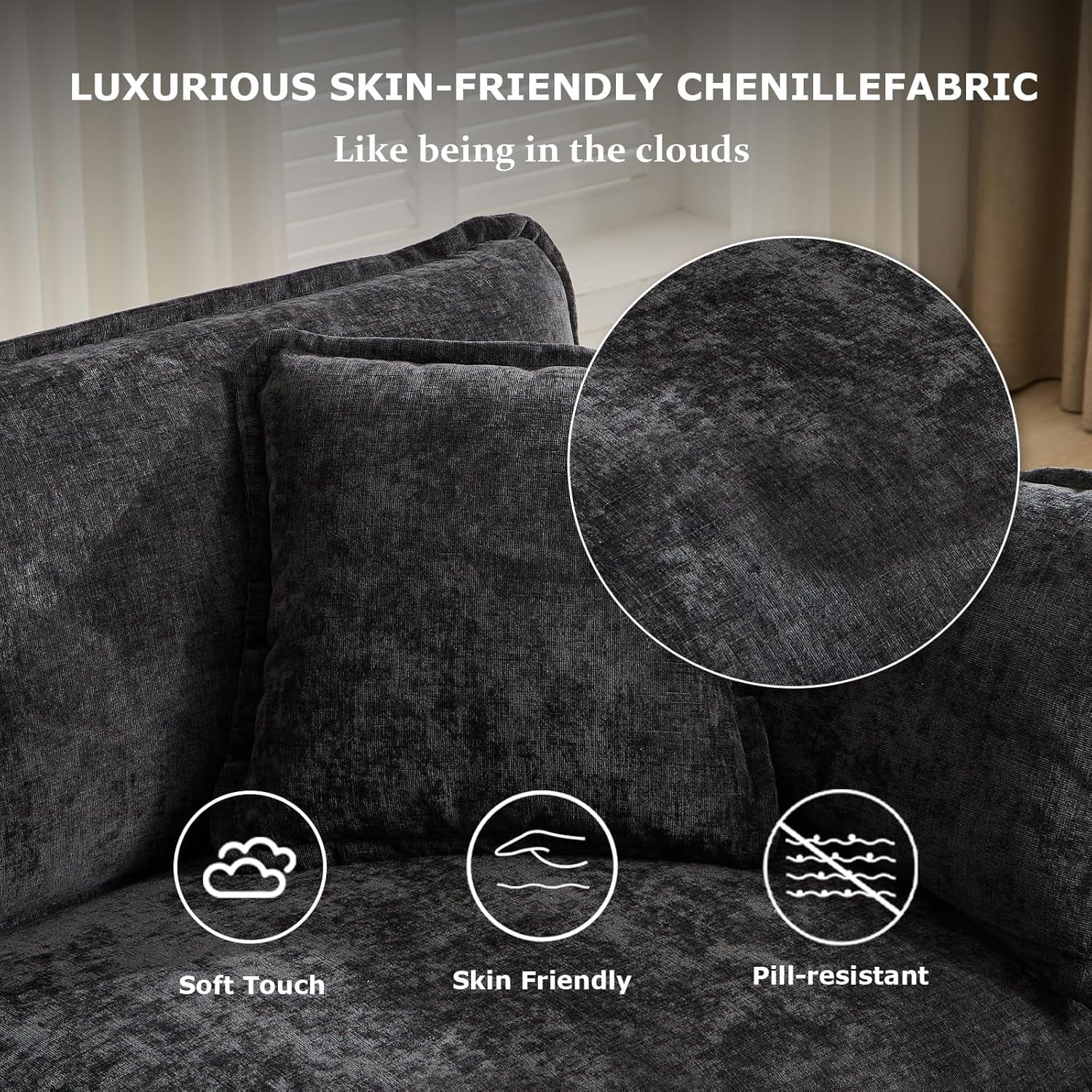YWEN 77.95" Chenille Sectional Sofa, Comfy Modular Loveseat Sofa, Modern 2-Seat Couch Deep Seat Sofa Set for Living Room,Black