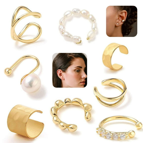 CNKOO 8 Pcs Ear for Non-Pierced Ears Gold Ear Earrings for Women Cartilage Hoop Clip On Hypoallergenic Huggie Earrings Nose Ring Jewelry Gifts