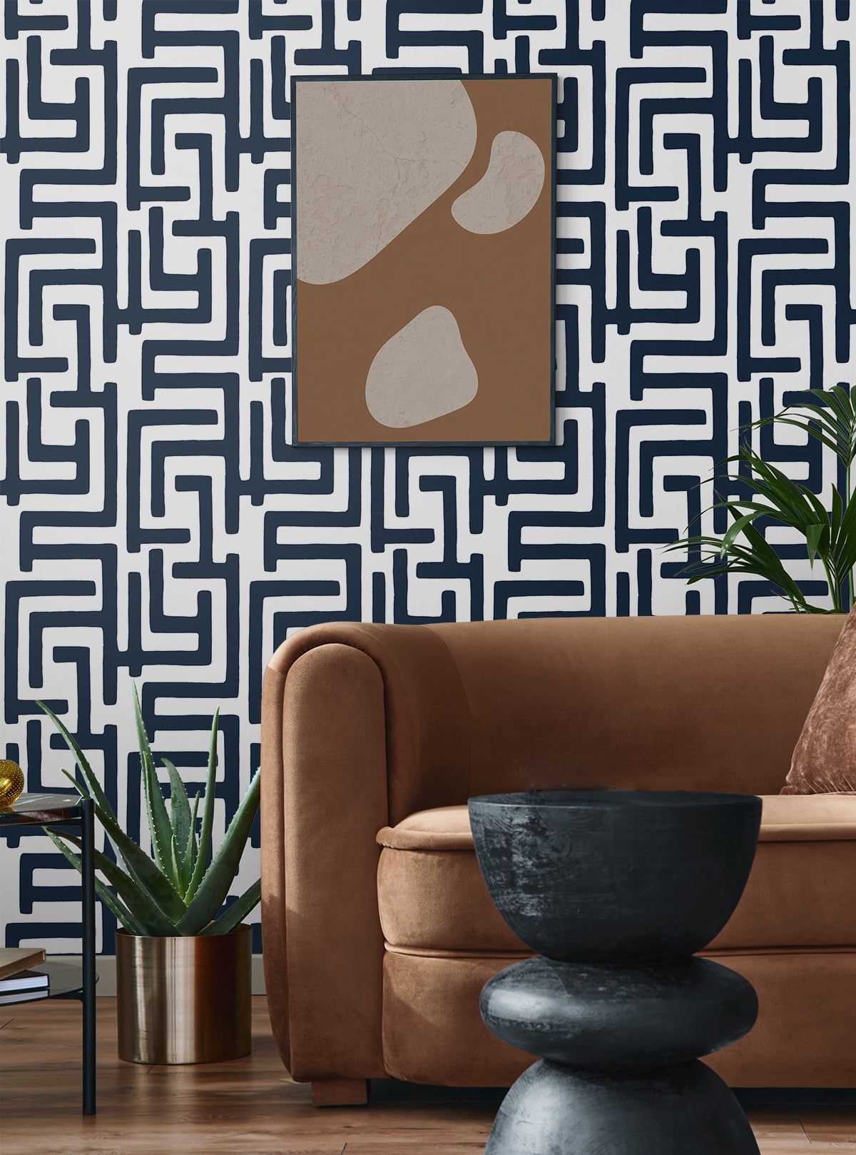 NextWall Dark Blue Graphic Maze Peel and Stick Wallpaper