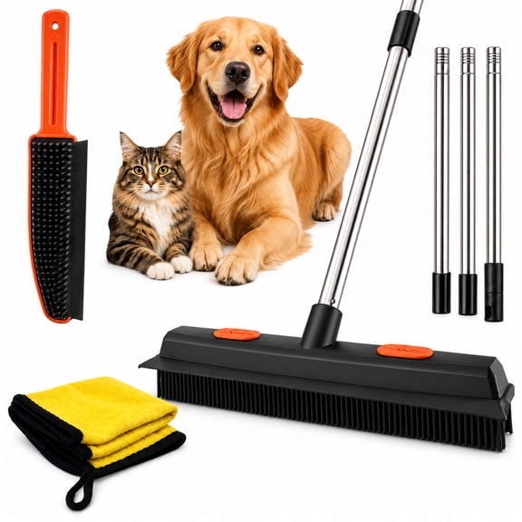punada Carpet Rake for Pet Hair Removal, Rubber Broom with Squeegee and Microfiber Cloth, 50” Long Handle Floor Brush Cleaner for Dog Cat Fur on Carpet, Rug, Mats, Hardwood Floor