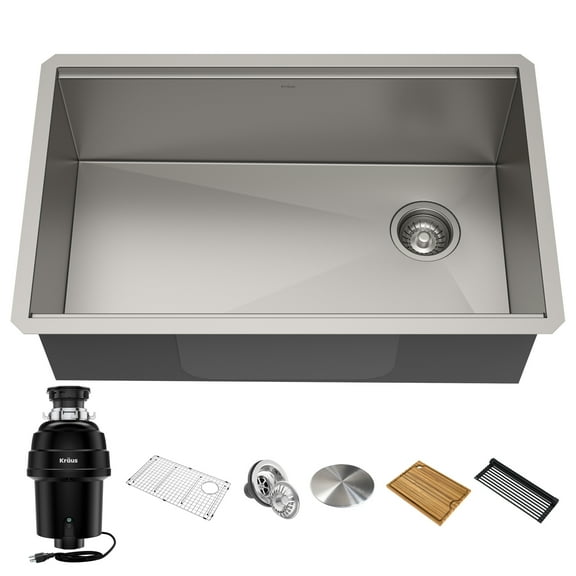 KRAUS Kore Workstation 30-inch Undermount 16 Gauge Single Bowl Stainless Steel Kitchen Sink with WasteGuard 1 HP Continuous Feed Garbage Disposal