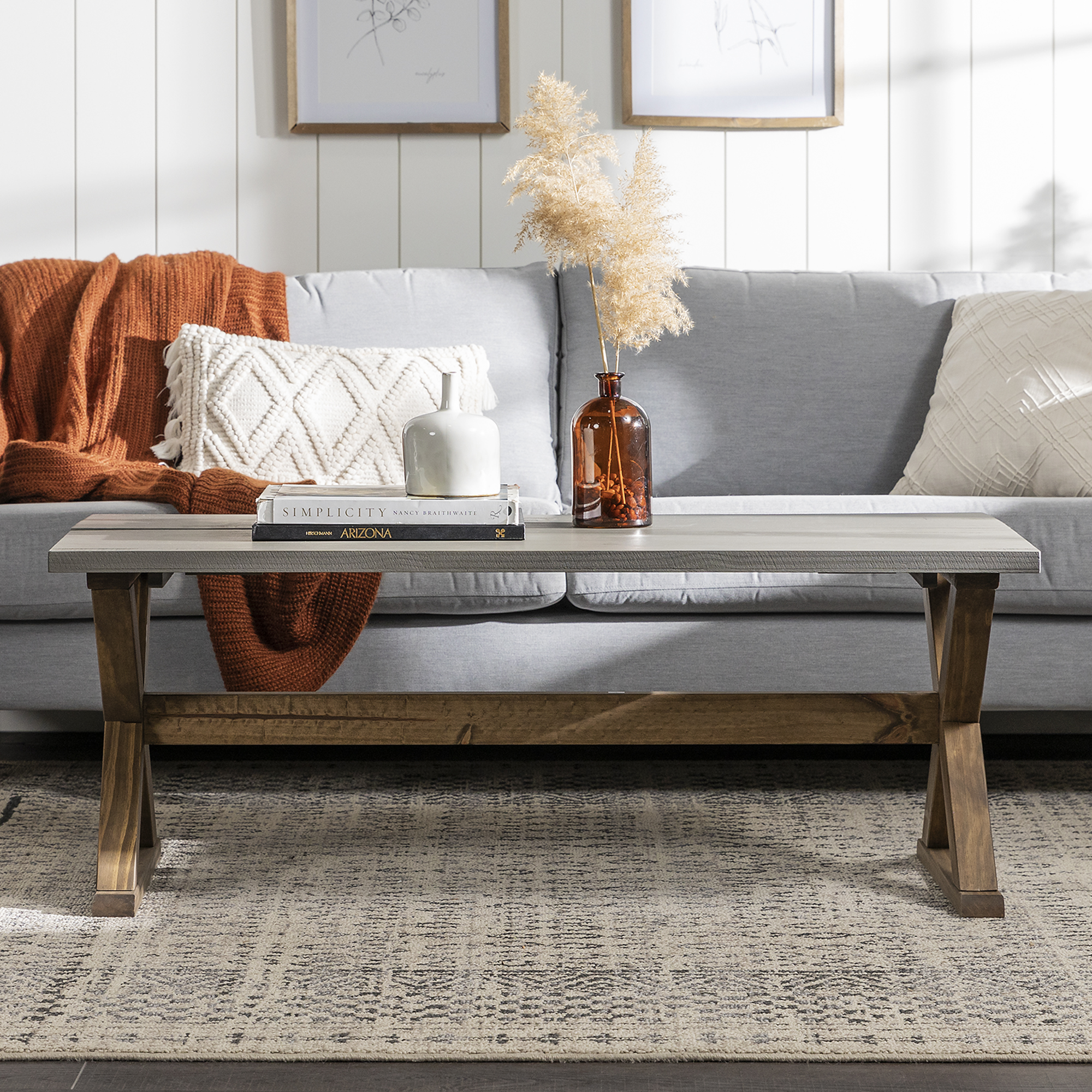Manor Park Rustic Farmhouse Distressed Wood Coffee Table, Grey/Brown