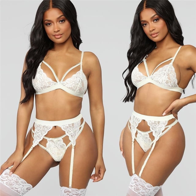 Conjunto erótico de 3 piezas con liga de tres puntos y lencería sexy