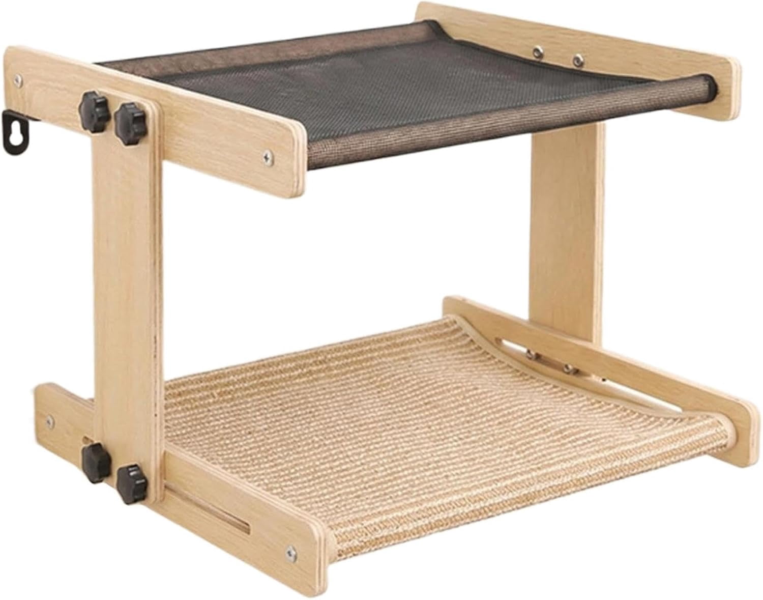2-Tier Cat Window Perchs, Floating Wooden Hammocks, Elevated Cats Hammocks with Breathable Fabrics & Scratching Board, Sturdy Cats Bed Furniture for Indoor Multis-Cat Households