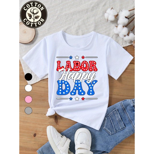 Kids' 100% Cotton Labor T-Shirt - Patriotic Red White Blue Star & Stripe Design, Cute Round Neck Tee for Boys & Girls, Perfect Holiday Gift & Casual Attire