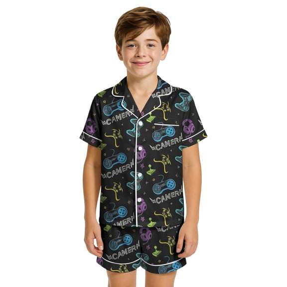 Tfken Summer Sleepwear Sets For Boys Lapel Neck Print Short Sleeve Button Tops With Shorts Set Casual Sleepwear Trendy Toddler Soft Homewear Outfit Black Size 2-3 Years